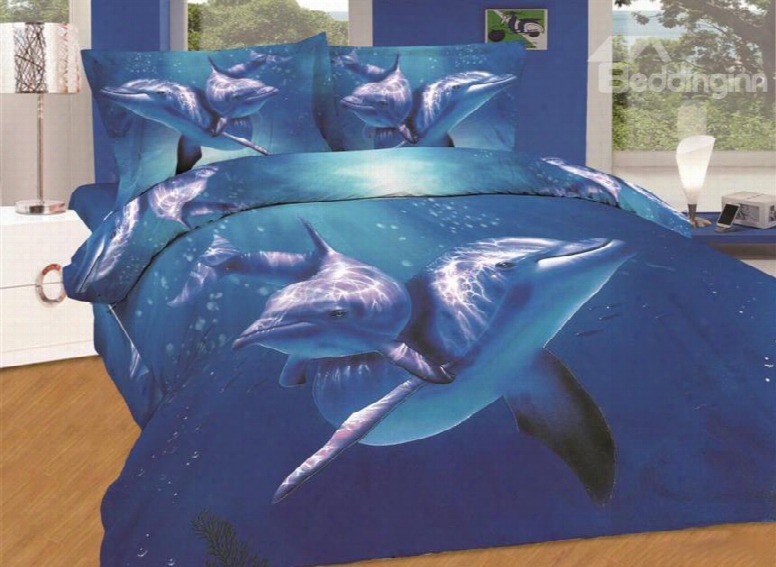 Amazing Dolphin Swimming In Sea Print 4-piece Cotton Duvet Cover Sets