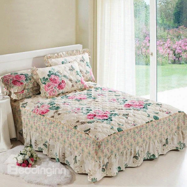 Amazing Gorgeous Pink Flowers Green Leaves Pattern Ultra Soft Bed Skirt