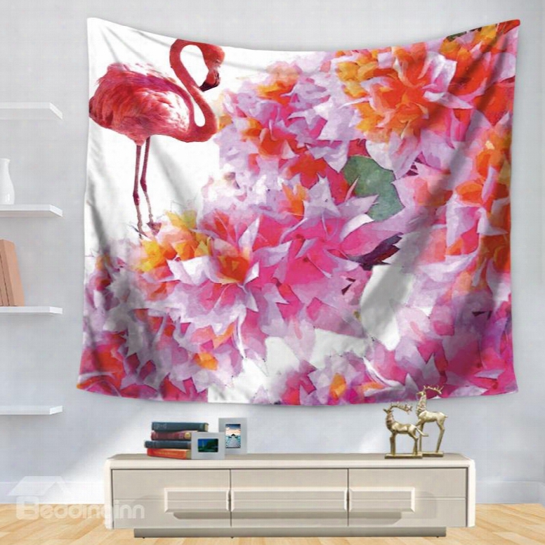 Artful Watercolor Dreamlike Pink Flamingo With Flowers Pattern Decorative Hanging Wall Tapestry