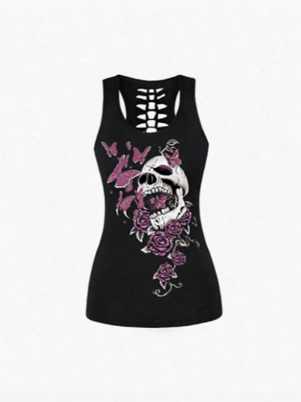 Black Skull Head With Butterfly And Rose Printing Casual Female 3d Tops
