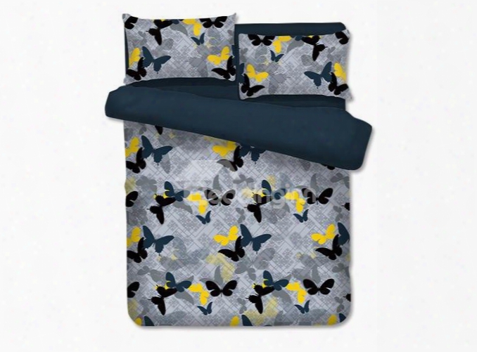 Black Yellow And Blue Butterflies Pattern Luxury Style Polyester 4-piece Bedding Sets/duvet Cover