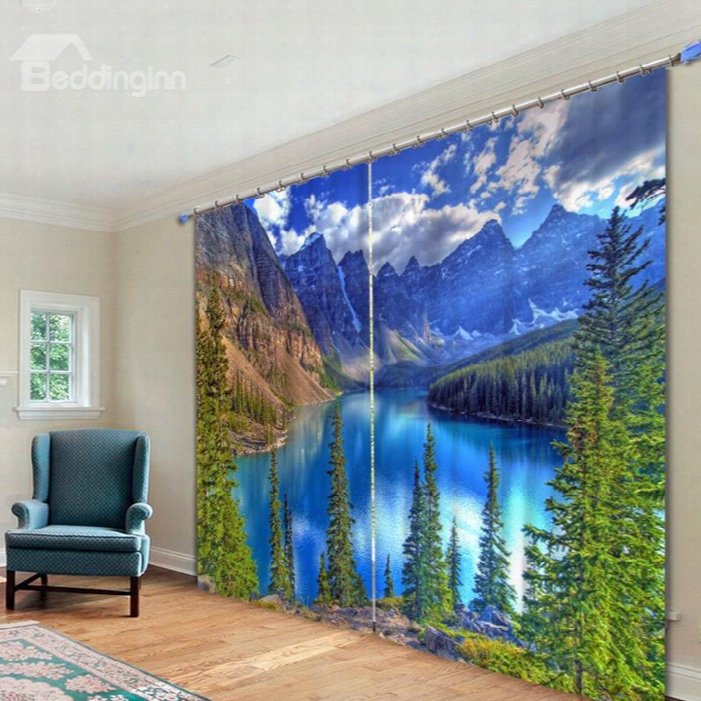 Blue Lake And Mountains In The Sunny Appointed Time 3d Printed Curtain