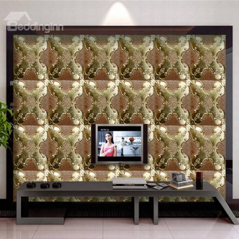 Brown Background With Golden Flowers Plaid Pattern Tv/sofa Background 3d Wall Murals
