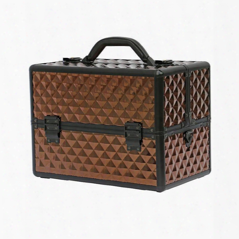 Brown Diamond Pattern Portable 3-tier Accordion Trays Makeup Case With Shoulder Strap