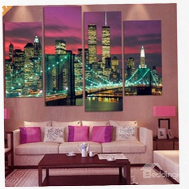 Buildings In City Night Hanging 4-piece Canvas Waterproof And Eco-friendly Non~framed Prints