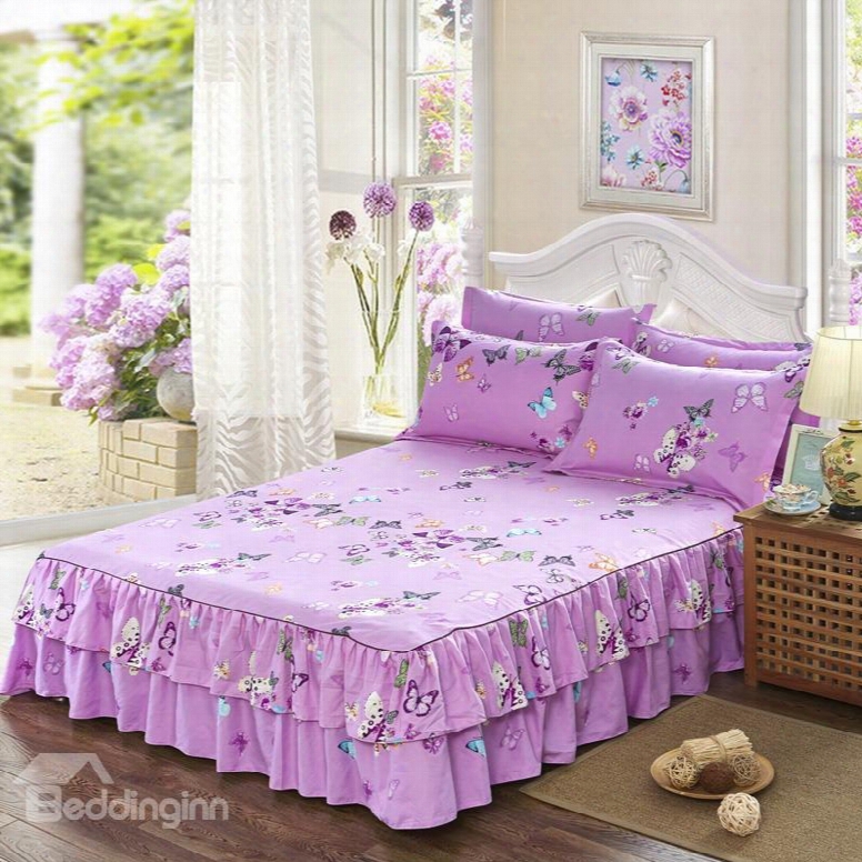 Butterflies Print Princess Style Purple Cotton Bed Skirt