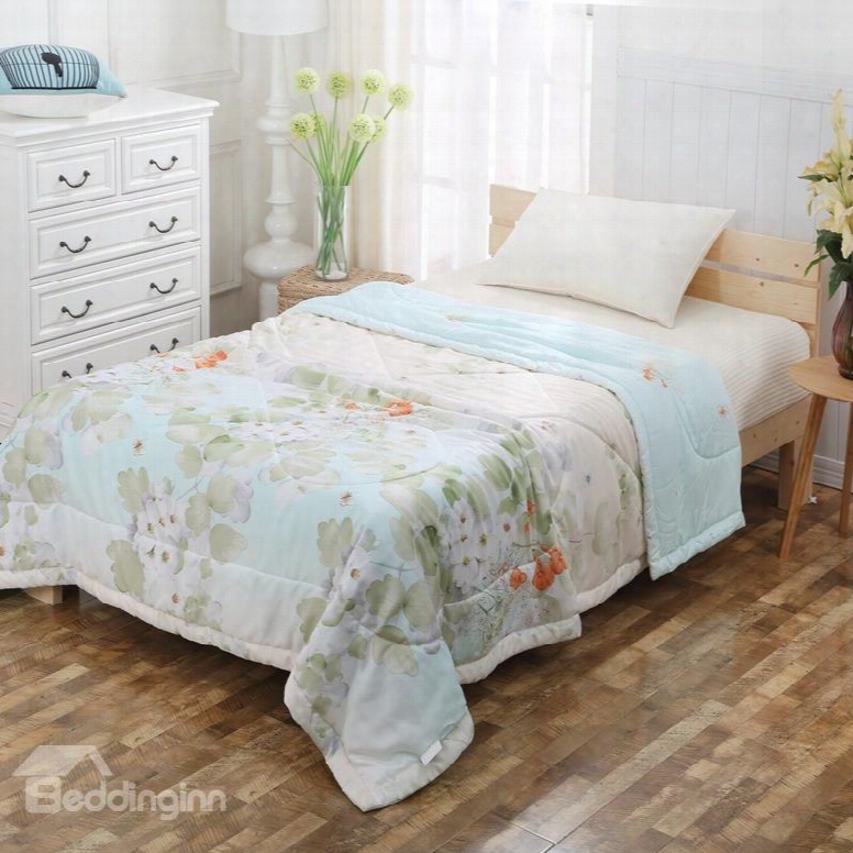 Butterfly And White Pear Blossom Print Tencel Lightweight Quilt