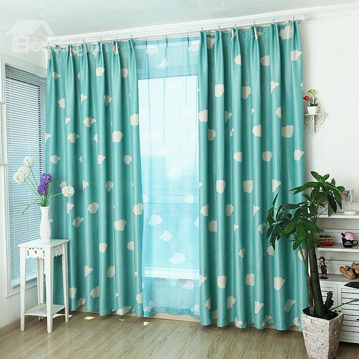 Cartoon Clouds Print Custom Blue Double Pinch Pleat Curtain