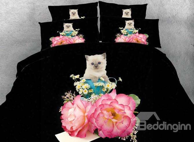 Cat And Red Peony 3d Printed 5-piece Comforter Sets