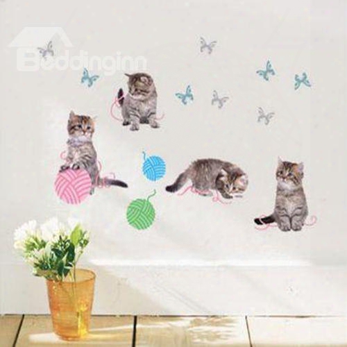 Cats Butterflies And Woolen Balls Pvc Kids-room Wall Stickers