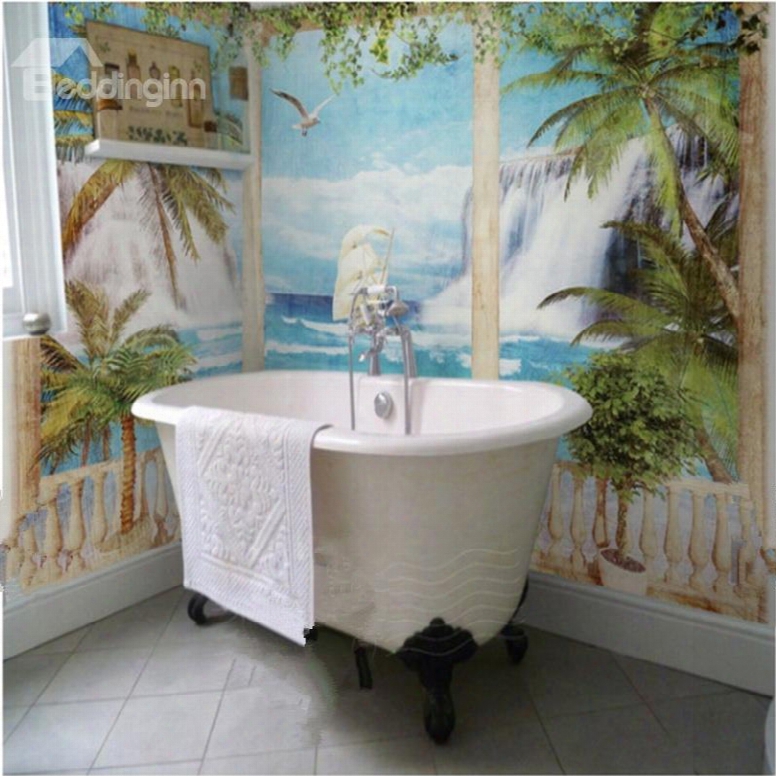 Coconut Palms And Seaside Scenery Modern Style Waterproof 3d Bathroom Wall Murals