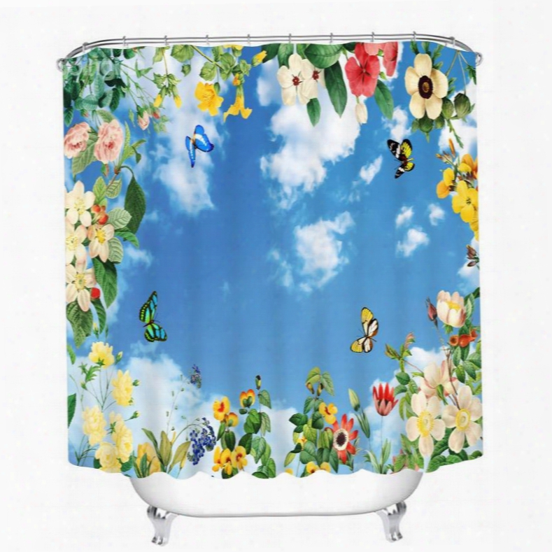Colored Butterfly And Flower With Blue Sky 3d Printed Bathroom Waterproof Shower Curtain