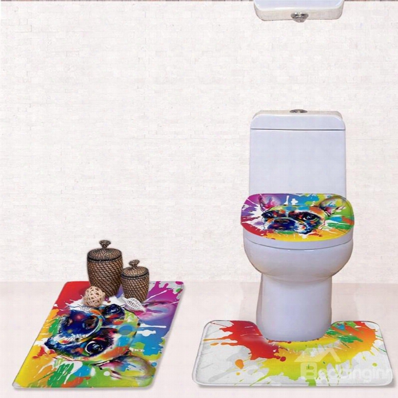 Colored Dog Pattern 3-peice Flannel Pvc Soft Water-absorption Anti-slid Toilet Seat Covers