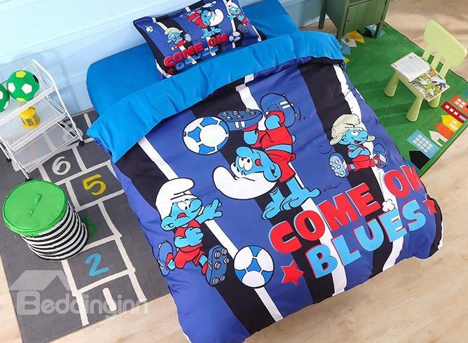 Come On Blues Soccer Smurfs Printed Twin 3-piece Kids Bedding Sets/duvet Covers