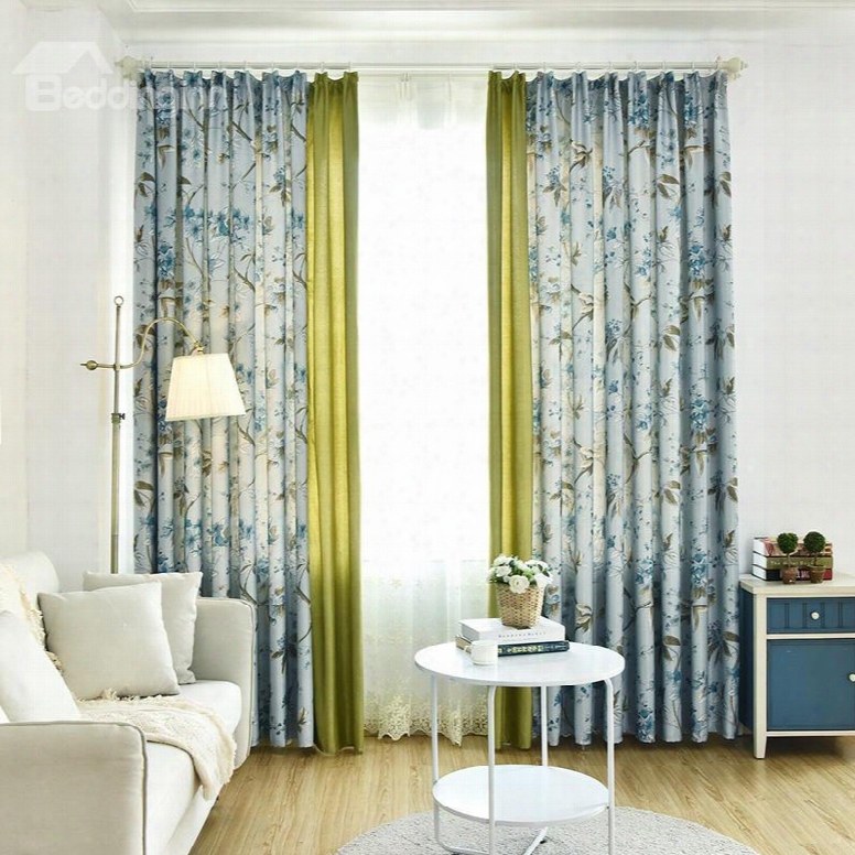 Country Style Double-sided Printing Blue Leaves Pattern Stitching Cloth Custom Curtain