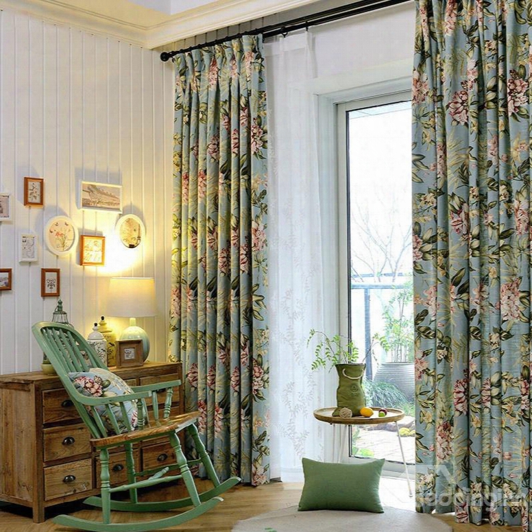 Country Style Floral Printing Cotton And Linen Blending Curtain