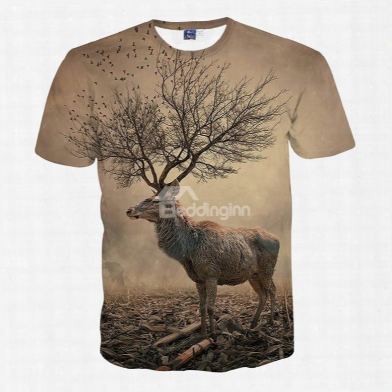 Creative Round Neck Tree Horn Deer Pattern 3d Painted T-shirt