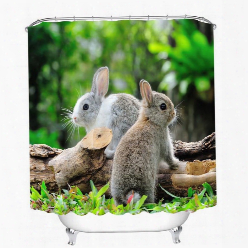 Cute Rabbits Standing On The Wood 3d Printed Bathroom Waterproof Shower Curtain