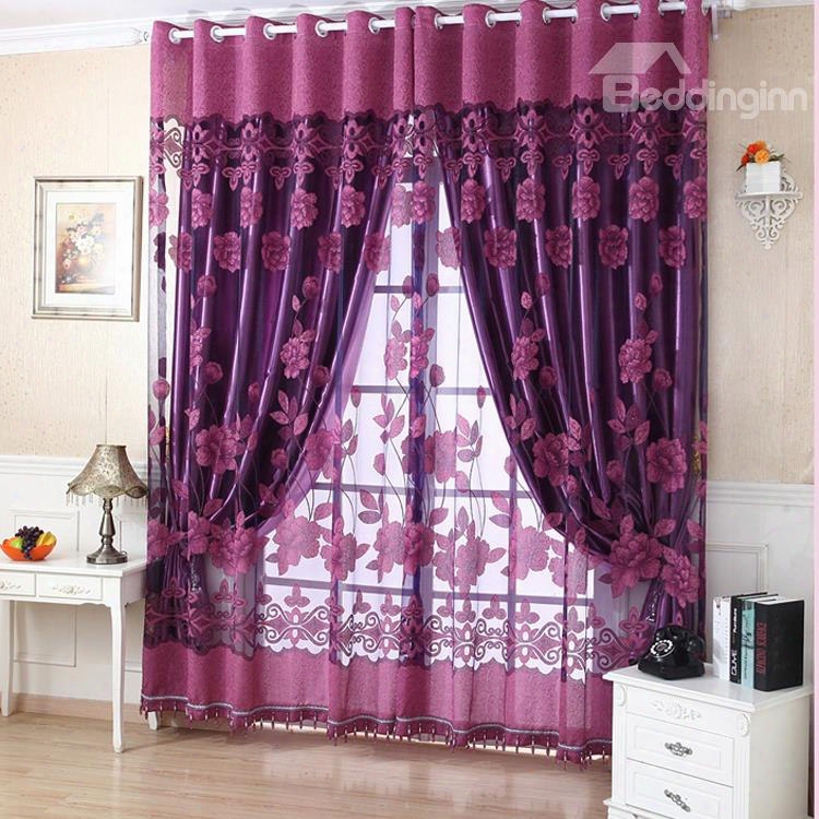 Decoration Polyester Cotton Deep Purple Floral Sheer And Shading Cloth Curtain Set