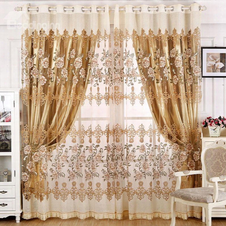 Decoration Polyester European Style Peony And Damask Shading And Sheer Curtain Set