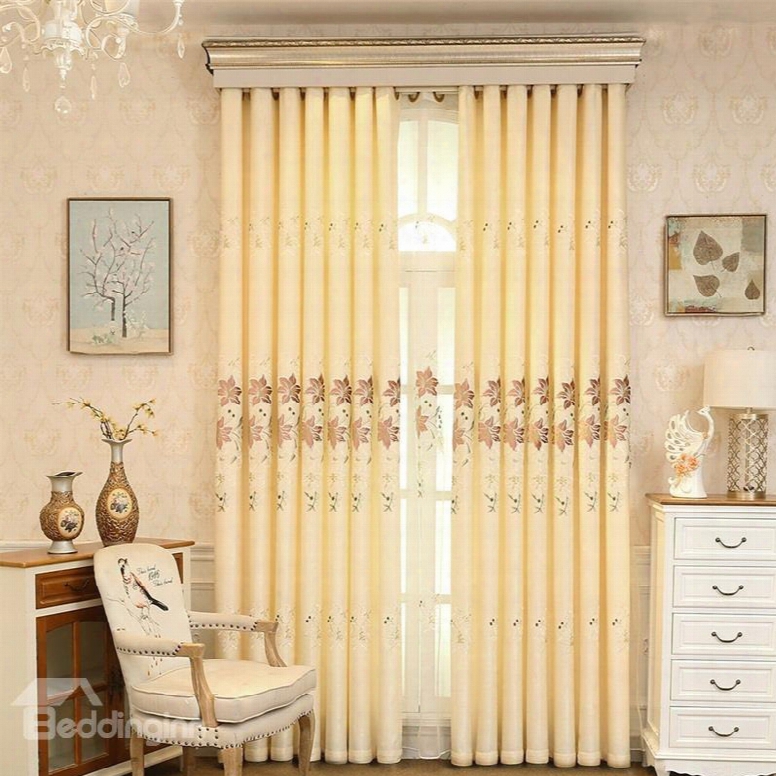 Decorative And Blackout Yelloow Color With Embroidered Lily Flowers 2 Panels Window Shading Curtain