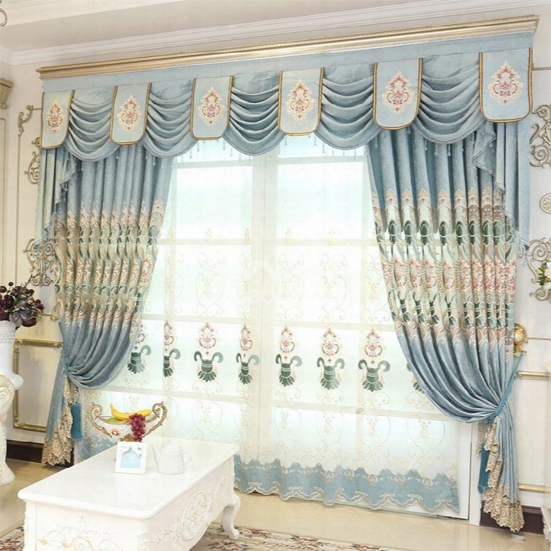 Decorative And Breathable Chenille Light Blue With Embroidered Flowers Window Curtain