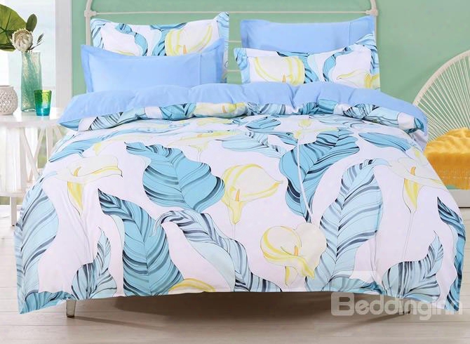 Designer 60s Brocade Blue Palm Leaves Yellow Calla Lily 4-piece Cotton Bedding Sets