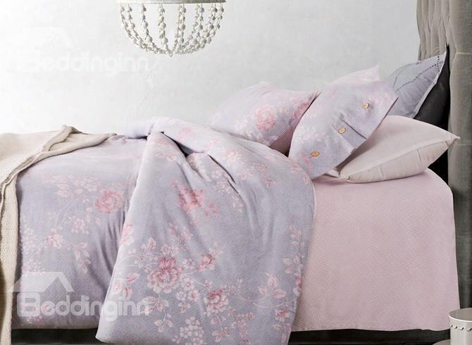 Dreamy Pink Peony Light Purple 4-piece Cotton Duvet Cover Sets