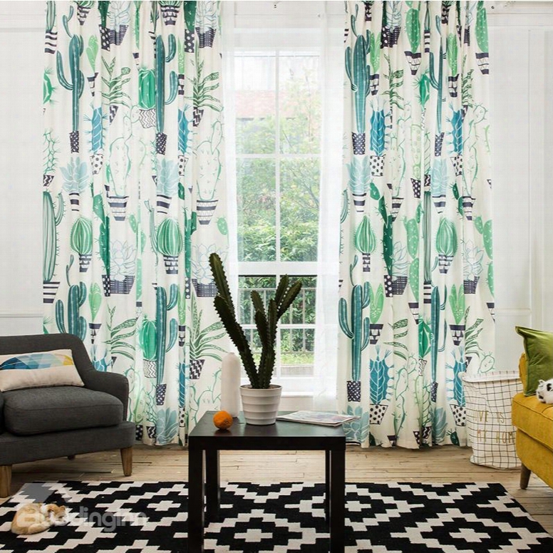 Dust-proof And Decoration Blending P Rinting Flower And Cactus House Pastoral Style Curtain