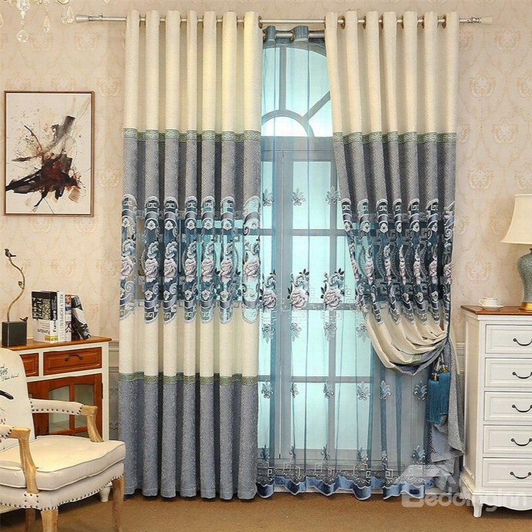 Elegant And Cozy Light Blue Embroidered Flowers Hollowed-out Designingsheer Curtain