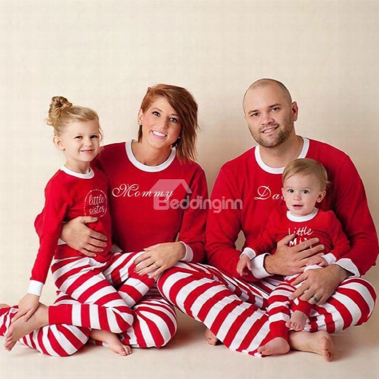 Fashion And Creative Style Letter With Stripe Pattern Red Polyester Family Christmas Pajamas