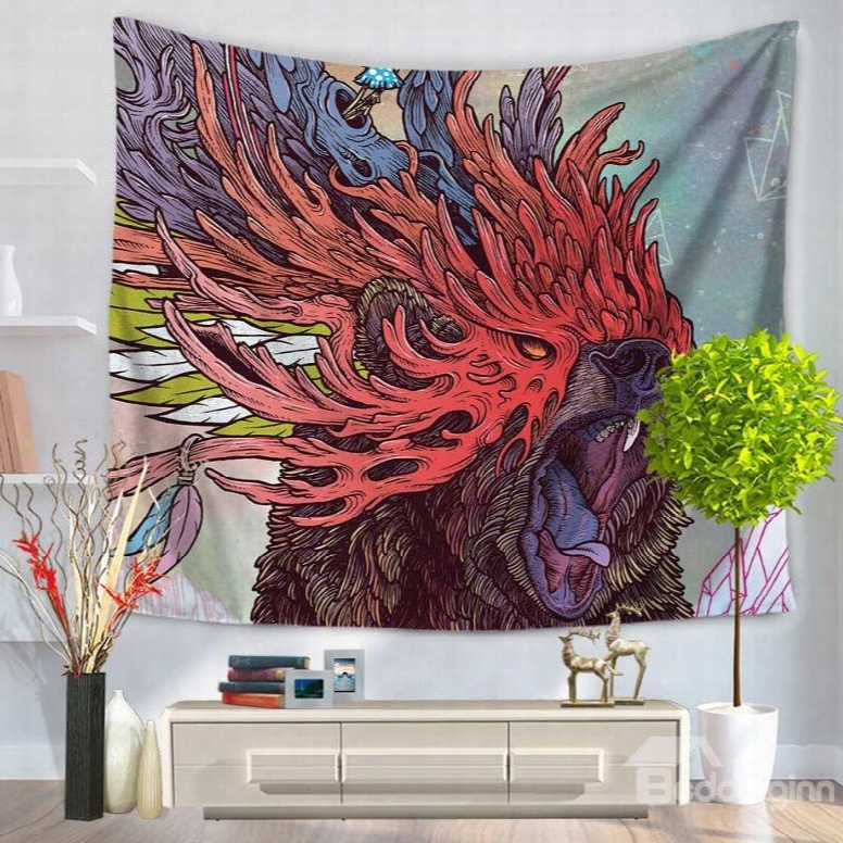 Fierce Wild Bear With Coral Mask Pattern Decorative Hanging Wall Tapestry