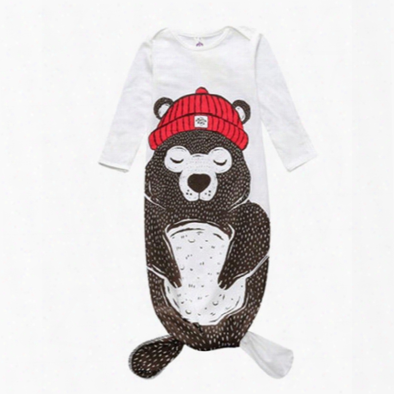 Fishtail Decoration Bear Printed Cotton 1-piece White Baby Sleeping Bag