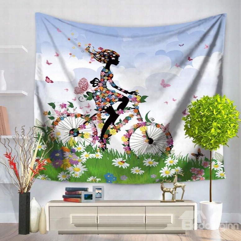 Floral Butterfly Girl Riding Bicycle On Green Field Decorative Hanging Wall Tapestry