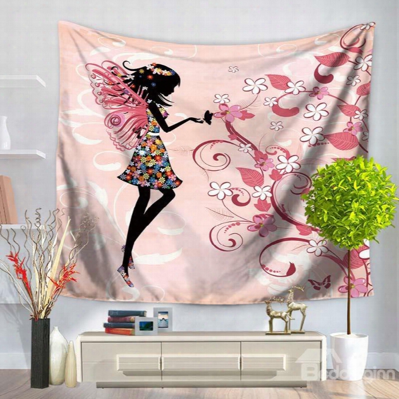 Flloral Fairy With Butterflies Wings Charming Pattern Pink Decorative Hanging Wall Tapestry