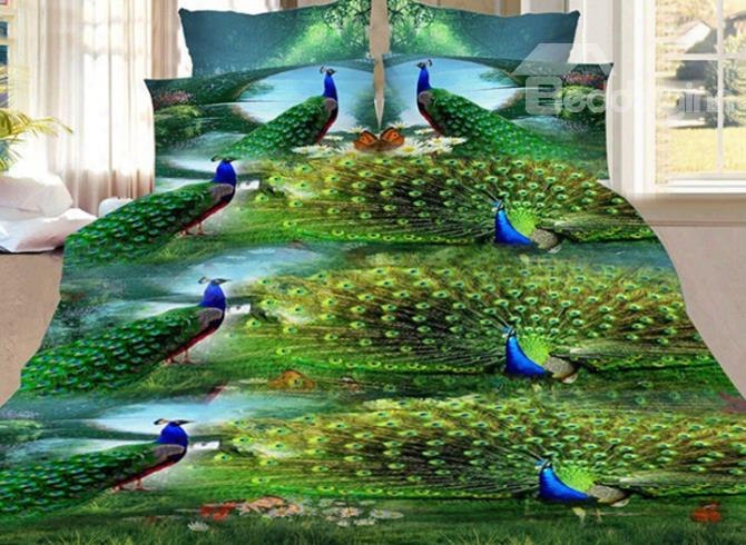 Green Peacock Print 4-piece Polyester 3d Duvet Cover Sets