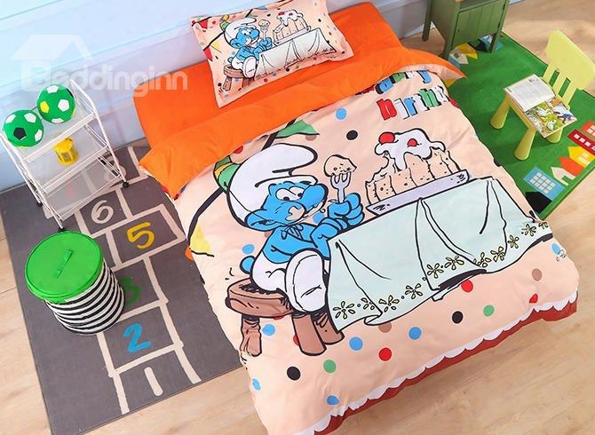 Happy Birthday Greedy Smurf Printed Twin 3-piece Kids Beddingg Sets/duvet Covers