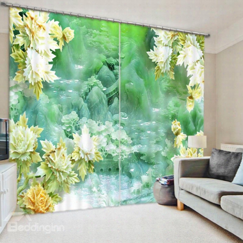 Hardstone Carving Flowers 3d Printed Polyester Curtain