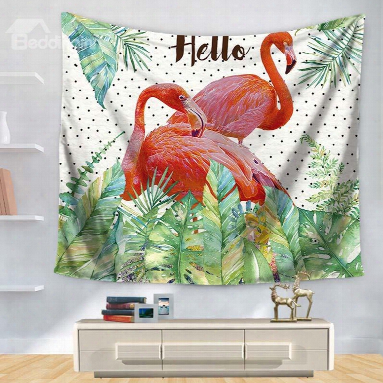 Hello Pink Flamingo With Palm Leaves Little Black Dot Decorative Hanging Wall Tapestry