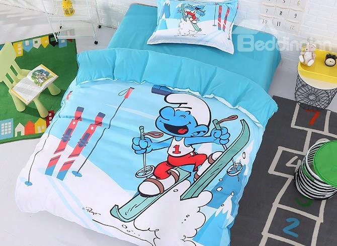 Laughing Smurf Skiing Blue Twin 3-piece Kids Bedding Sets/duvet Covers