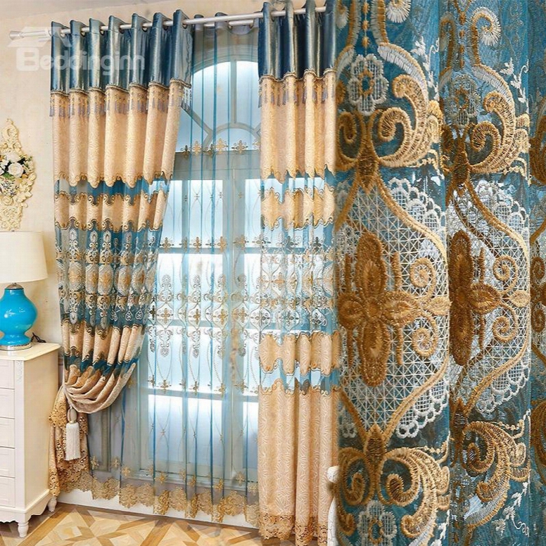 Light Blue And Beige Hollowed-out Flowers Pattern Decorative And Blackout Window Curtain