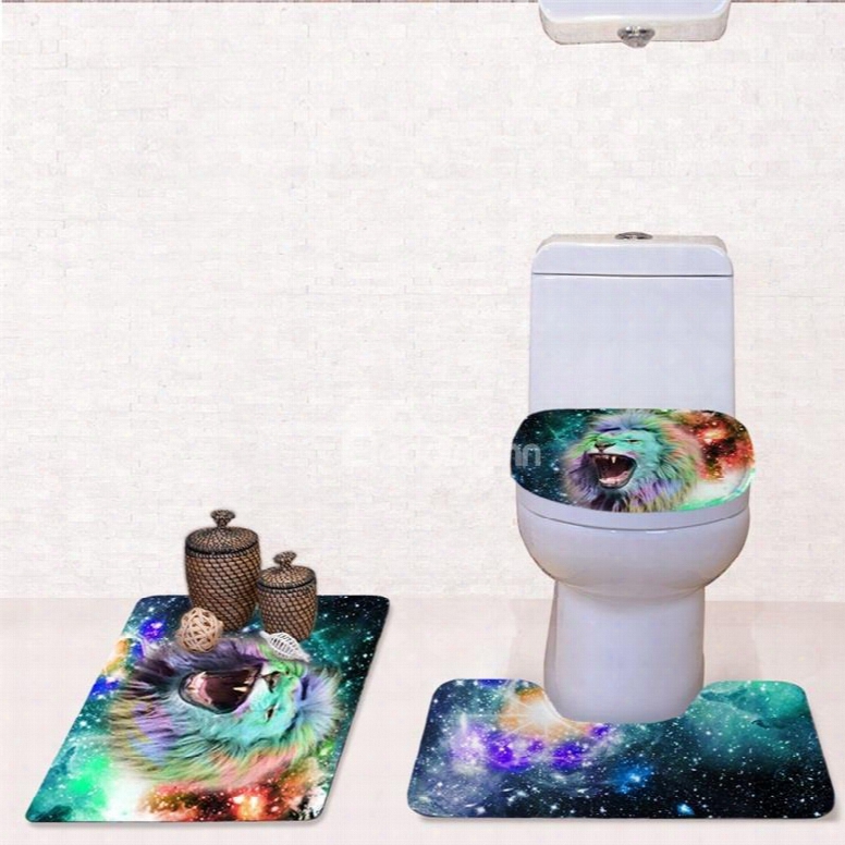 Lion In Galaxy Pattern 3-piece Flannel Pvc Tender Water-absorption Anti-slid Toilet Seat Covers