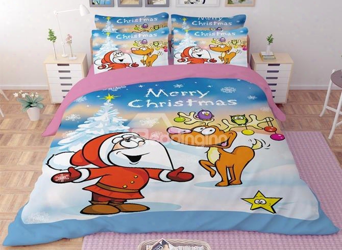 Lovely Cartoon Santa And Reindeer Print Polyester 4-piece Duvet Cover Sets