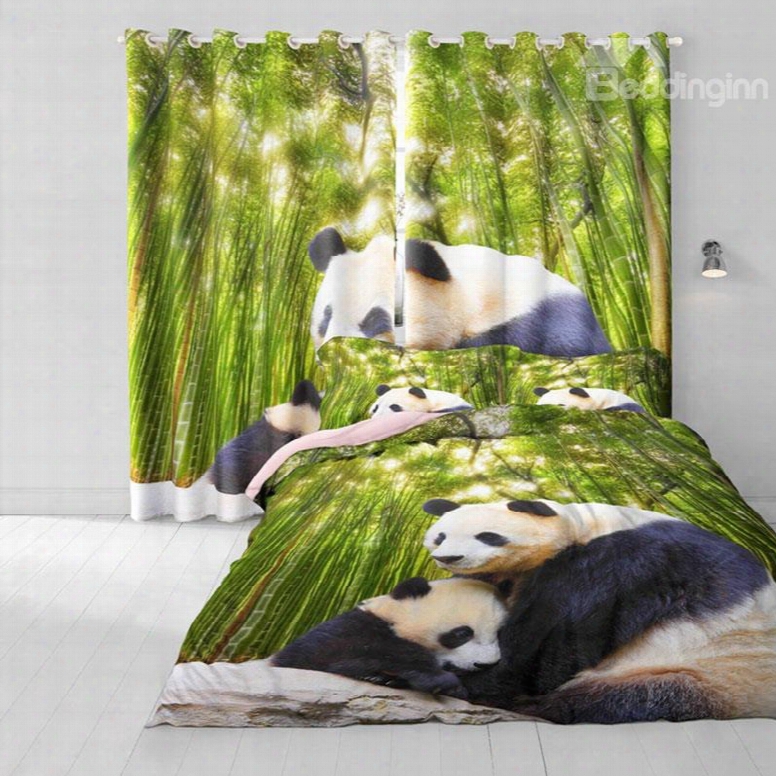 Lovely Panda And Green Bamboo Printed Polyester Custom 3d Curtain For Living Room