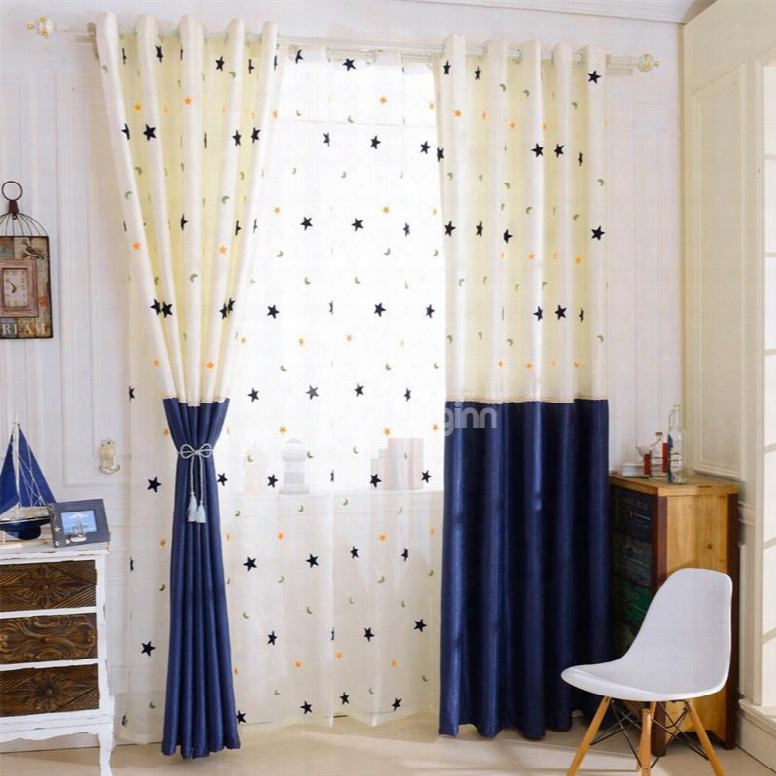 Modern And Concise Beige And Blue Stars Printed 2 Panels Lliving Room Curtain