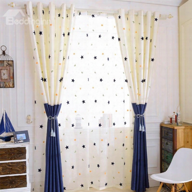 Modern And Concise Beige Stars Printed 2 Panels Iving Room Sheer Curtain