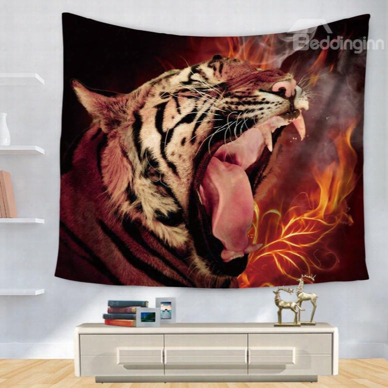 Murderous Tiger Opens Big Mouth With Fire Cool Pattern Decorative Hanging Wall Tapestry