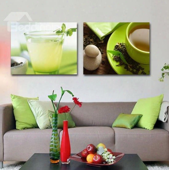 New Arrival Lovely Juice And Tea Print 2-piece Cross Film Green Wall Art Prints