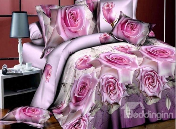 Noble Pink Rose 3d Printed 4-piece Polyester Duvet Cover