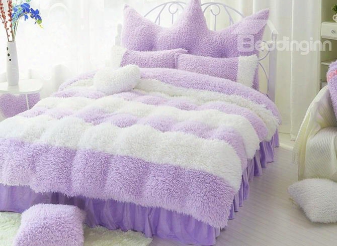Noble Purple And White Color Block 4-piece Velvet Fluffy Bedding Set/duvet Cover